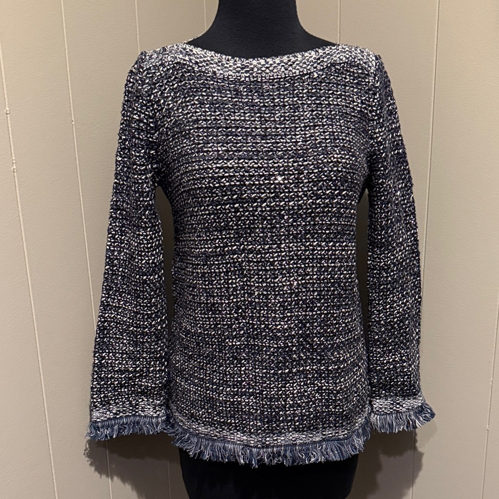 Ann Taylor Petite Small Navy and White Tweed Sparkle Textured Sweater Boat Neck